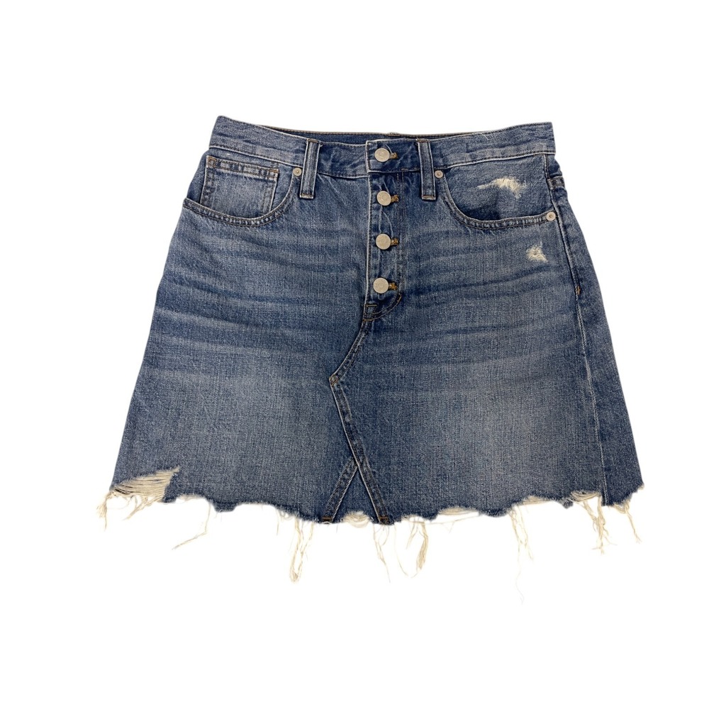 Madewell Button Skirt Size M Blue Rigid Denim A-Line Mini Cut Off Frayed Cotton